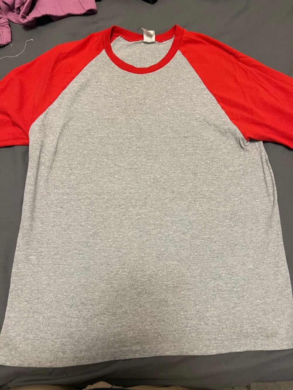Gildan Grey Body with Red Raglan Sleeve Baseball Tee